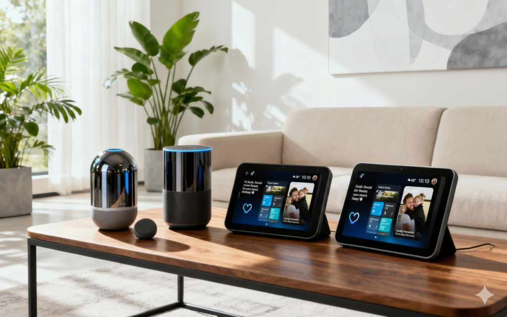Alexa+ Echo devices lineup featuring Echo Dot Max, Echo Studio, Echo Show 8, and Echo Show 11 in a modern living room with Alexa+ dashboards on display.
