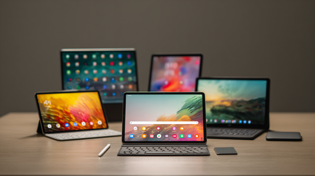artistic best Android tablets 2025 still life with Samsung Galaxy Tab S10 Ultra, OnePlus Pad 3, and Google Pixel Tablet on dock