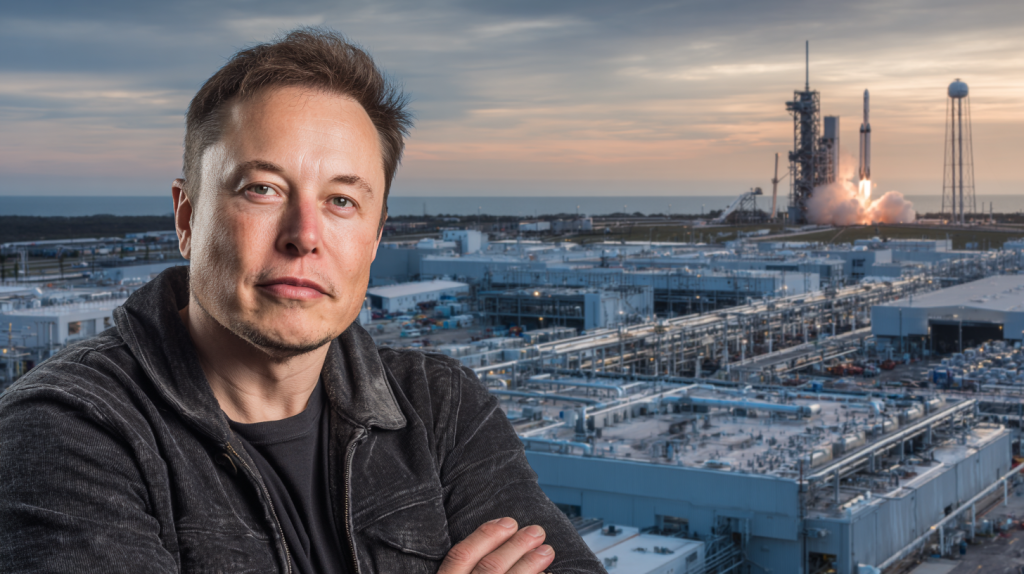 Elon Musk $500 billion net worth - composite image of Musk with Tesla factory and SpaceX rocket in background