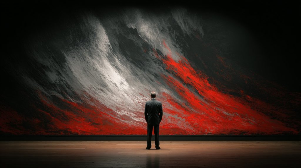 Jamie Dimon market correction warning artistic concept showing business figure against abstract falling market visualization with dramatic lighting
