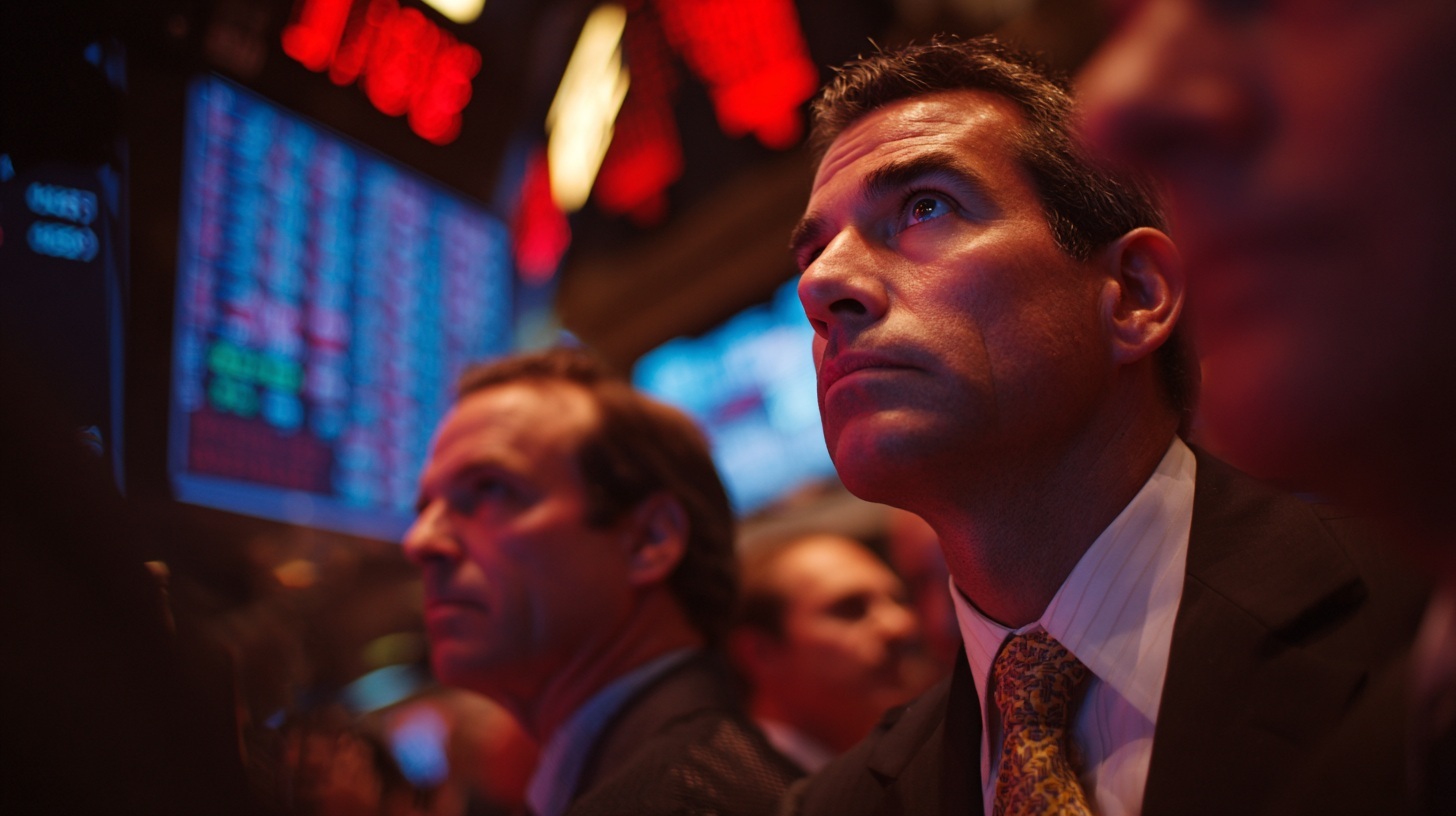 Jamie Dimon market correction warning concept showing stock market trading floor with concerned traders viewing declining market charts and red downward trend indicators