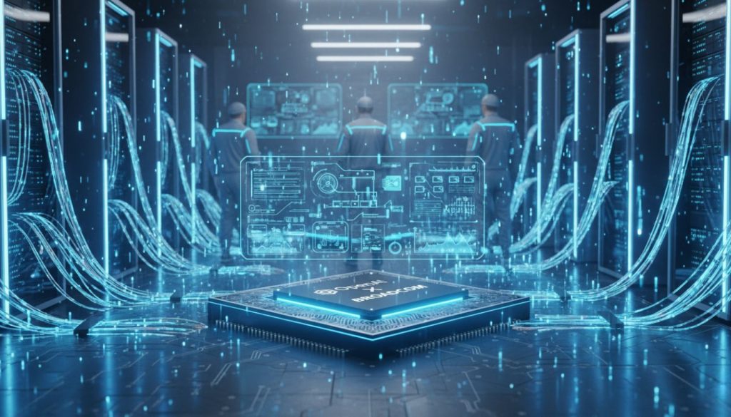 OpenAI Broadcom custom AI chips semiconductor wafers showing circuit patterns for artificial intelligence accelerators
