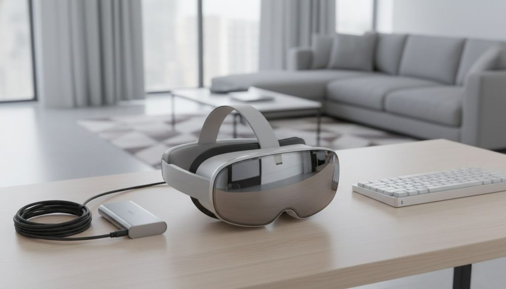 Samsung Galaxy XR Headset on desk with battery pack, highlighting Samsung Galaxy XR Headset design and price.