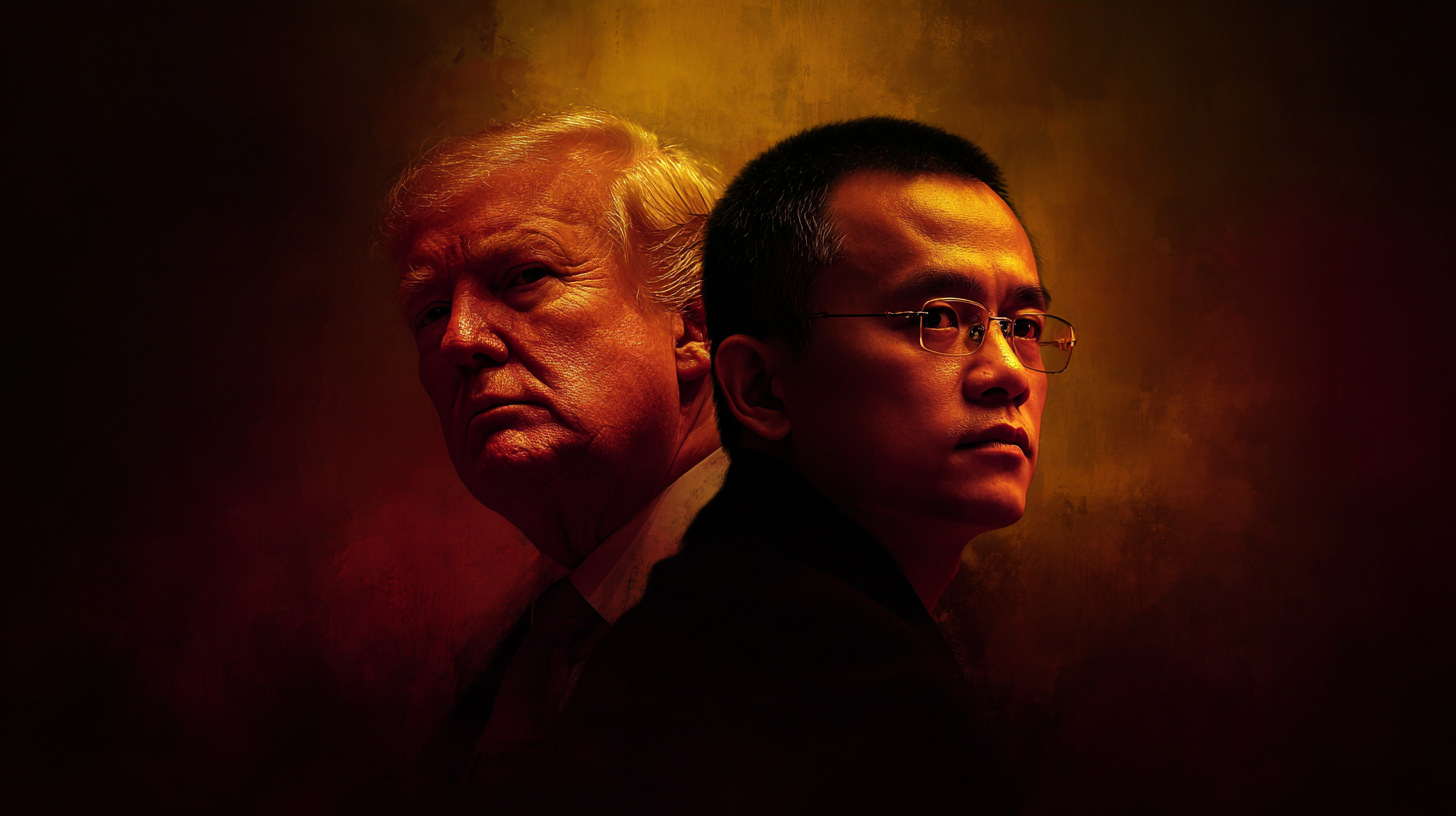 An editorial image of Donald Trump and Binance founder Changpeng Zhao, representing the major political news that Trump pardons Changpeng Zhao