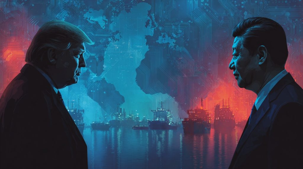 Trump and Xi facing off across the Pacific with chip circuits, tariff lines, and cargo routes
