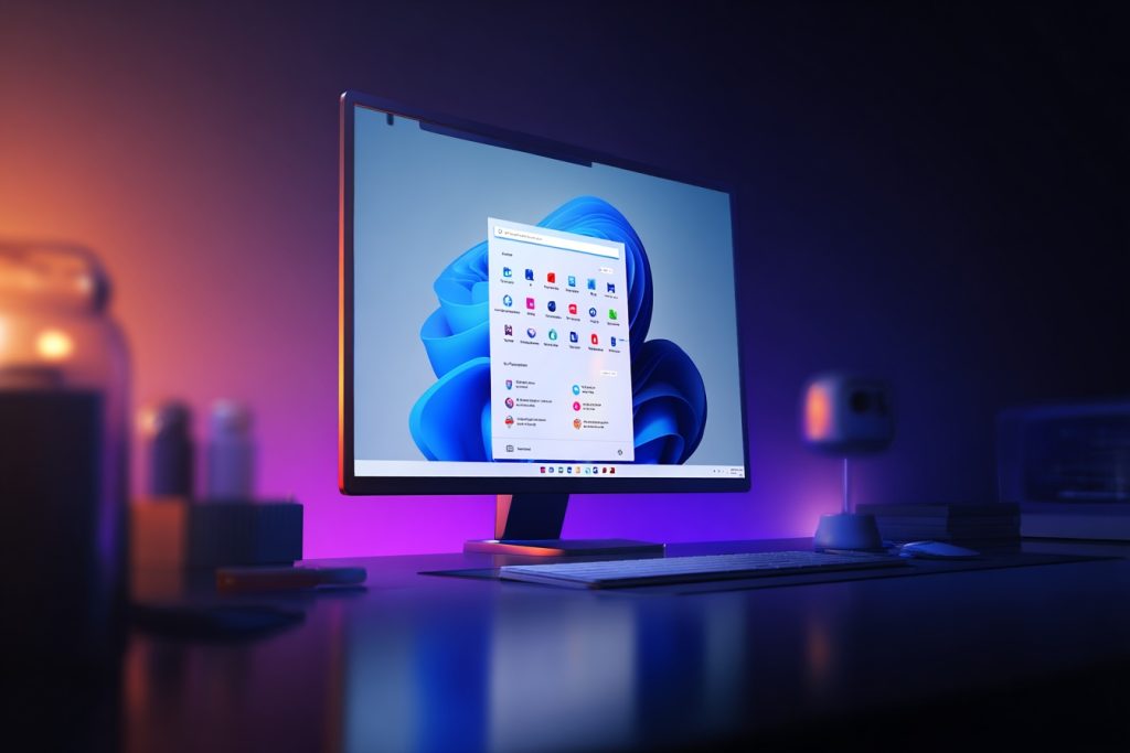 Windows 11 review showing modern Fluent Design interface with centered Start menu and AI features on desktop computer