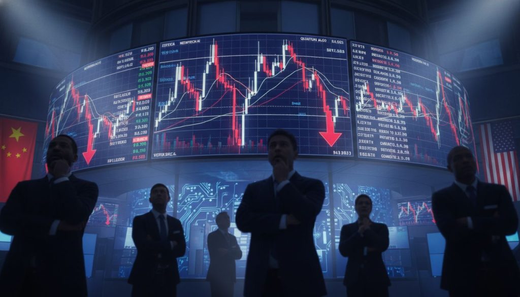 AI stock volatility visualization showing market concentration risks with trading floor displays and global competition dynamics