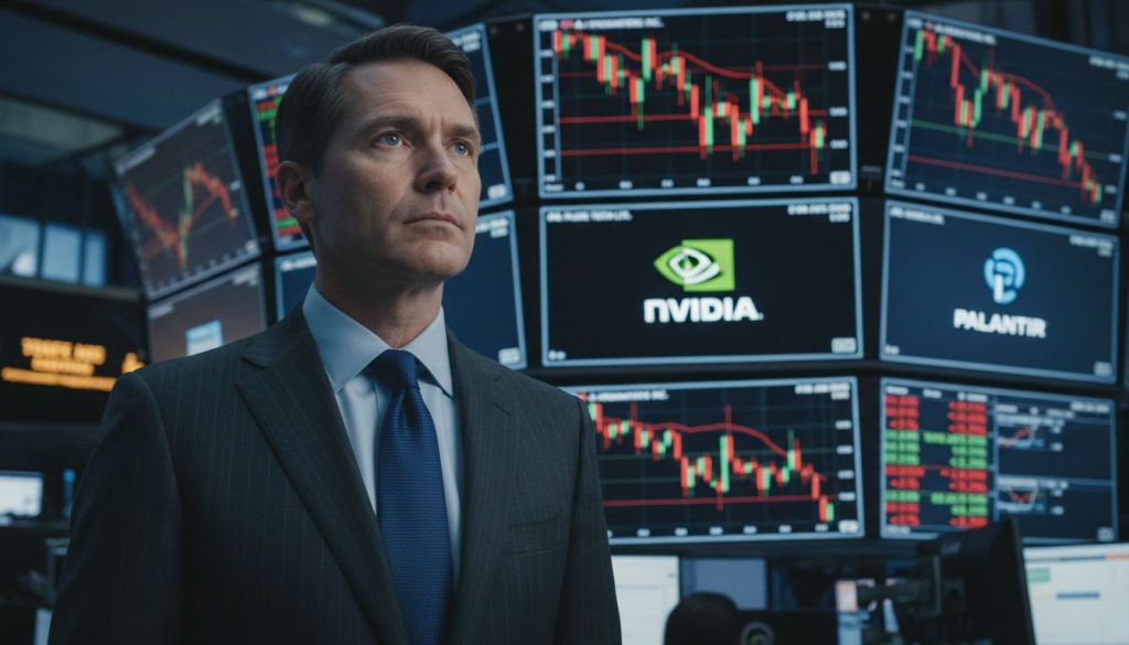 AI bubble fears grip Wall Street as Michael Burry bets against tech giants with financial charts showing market decline