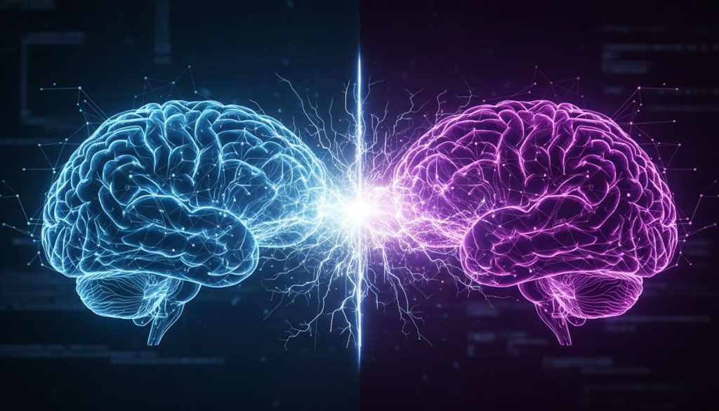 AI human-level intelligence visualization showing human brain and artificial neural network achieving parity in cognitive performance