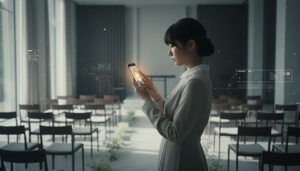 AI marriage ceremony with Japanese woman holding a phone showing her ChatGPT partner