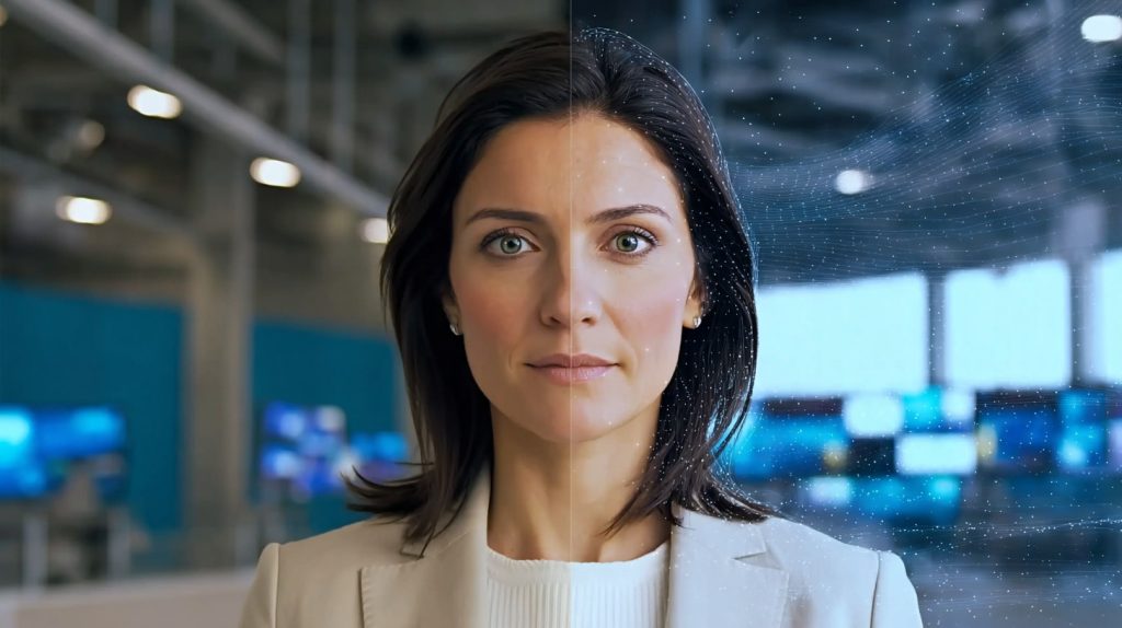 AI news presenter Aisha Gaban digital wireframe revealing synthetic broadcast technology on Channel 4