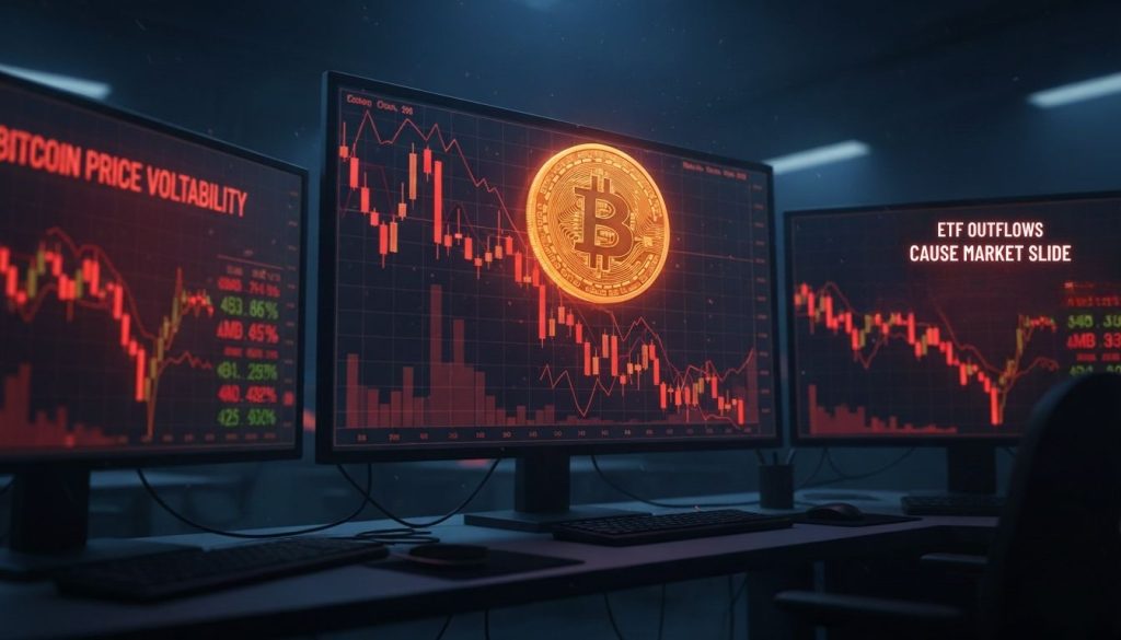 Bitcoin price volatility chart showing dramatic decline below $95,000 with trading data and market indicators