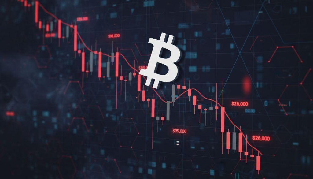 Bitcoin price volatility chart showing dramatic decline below $95,000 with trading data and market indicators