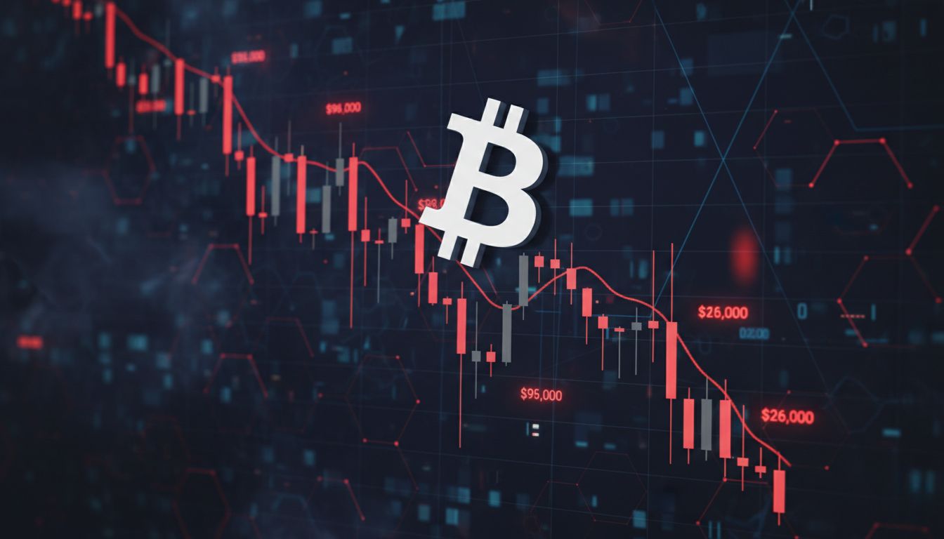 Bitcoin price volatility chart showing dramatic decline below $95,000 with trading data and market indicators