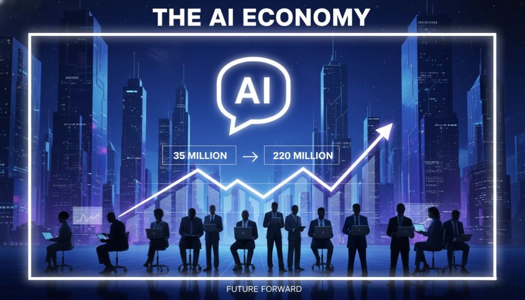 ChatGPT paying users growth forecast visualization showing OpenAI's projected 220 million subscribers by 2030 with enterprise adoption trends
