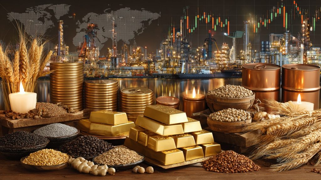Gold silver copper oil natural gas wheat corn commodities trading assets and raw materials