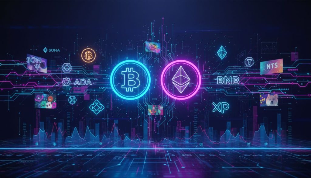 Cryptocurrency ecosystem showing Bitcoin, Ethereum, and major altcoins including Solana, Cardano, BNB, and XRP connected through blockchain network