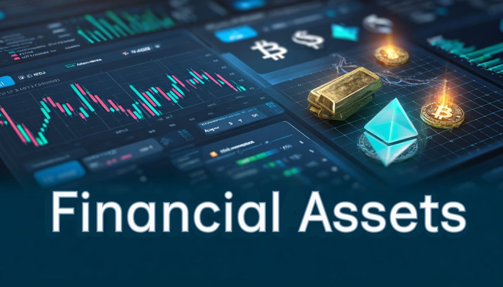 Financial assets dashboard showing stocks, cryptocurrencies, commodities, bonds, and currency markets with real-time data visualizations