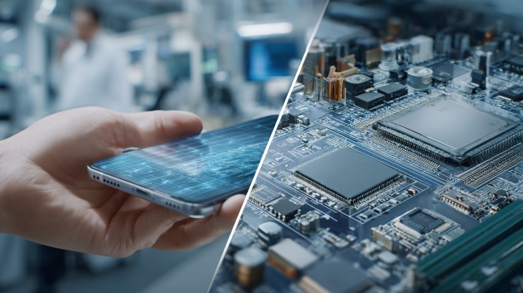 A split image showing a smartphone and an AI server motherboard, illustrating Foxconn's strategic shift towards AI chip earnings and away from traditional consumer electronics.