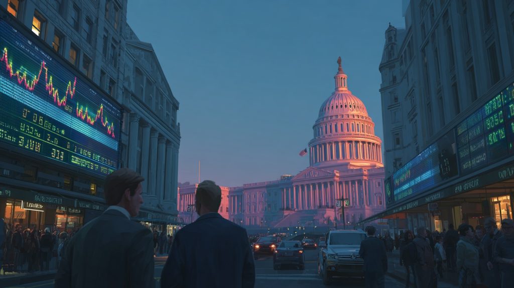 U.S. Capitol building at dusk after Government Shutdown 2025 ends, with investors tracking rising stock futures on Wall Street screens reflecting market relief.