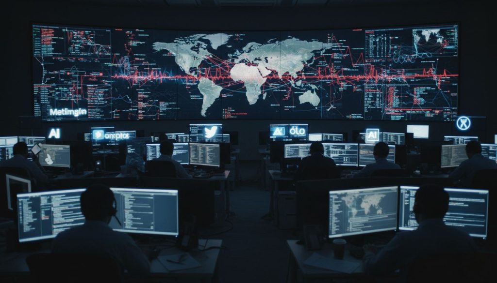 Cloudflare outage 2025 showing engineers monitoring global internet disruption on large network screens