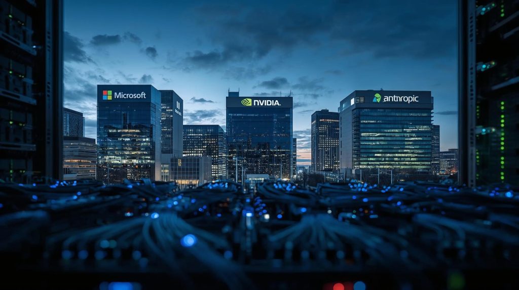 Microsoft Nvidia Anthropic partnership visualized as interconnected AI data centers and corporate towers at dusk