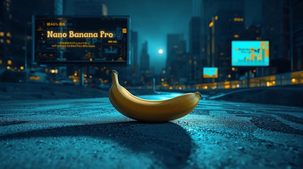 Surreal depiction of Nano Banana Pro AI image model's pervasive influence on corporate propaganda and digital communication