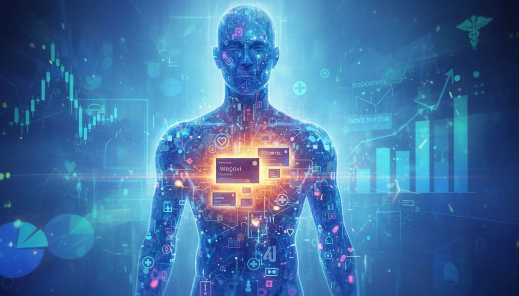 Abstract human figure and data visualizing the health impact of Novo Nordisk weight loss drugs after price cuts
