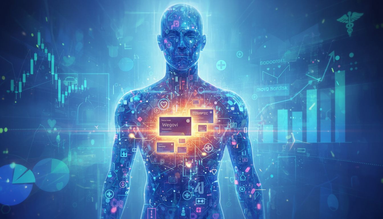 Abstract human figure and data visualizing the health impact of Novo Nordisk weight loss drugs after price cuts