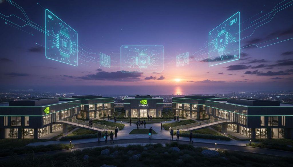 Nvidia Israel AI expansion artistic illustration of futuristic R&D campus in northern Israel at dusk