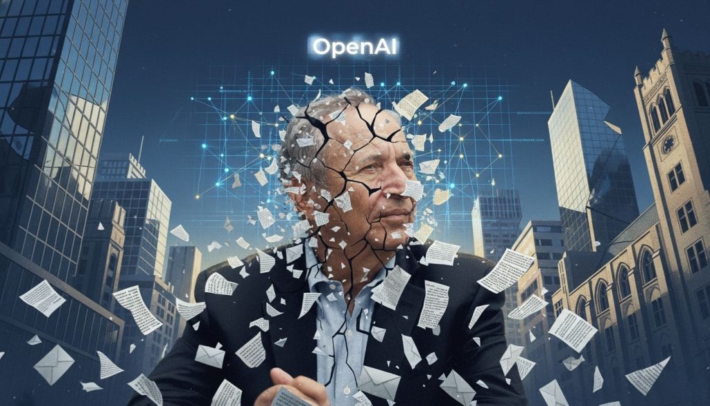 Surreal illustration of fractured leadership symbolizing how an OpenAI board member resigns over Epstein files and raises questions about AI governance