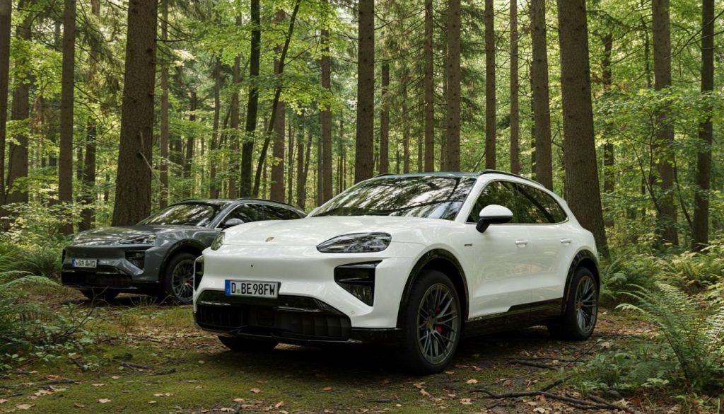 Porsche Cayenne Electric Turbo driving on highway near fast-charging station