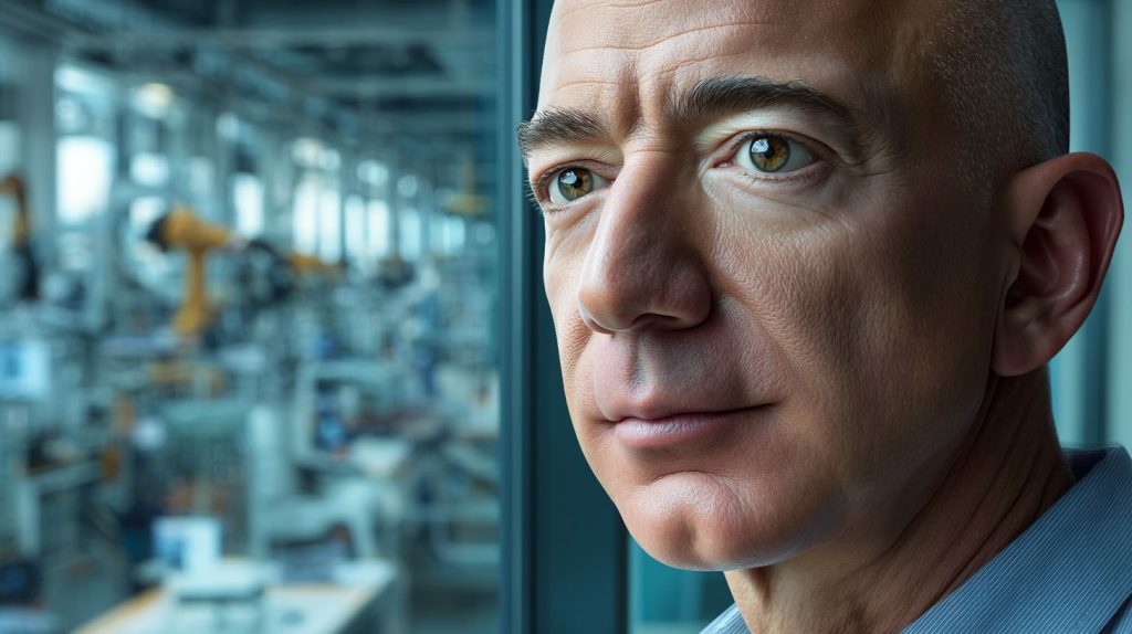 Jeff Bezos in an advanced factory representing Project Prometheus Jeff Bezos AI for the physical economy