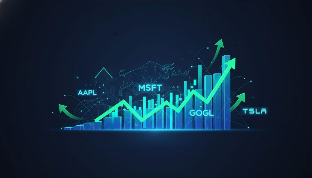 stocks: Stock market trading floor displaying S&P 500, NASDAQ, and Dow Jones indices with rising candlestick charts and ticker symbols