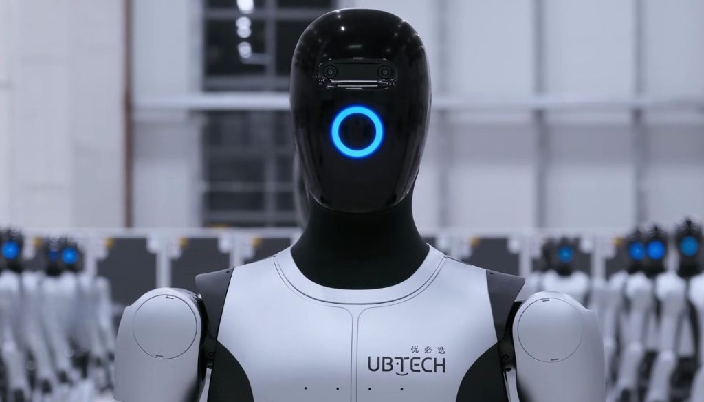 UBTech Humanoid Robots performing a synchronized demonstration in a factory