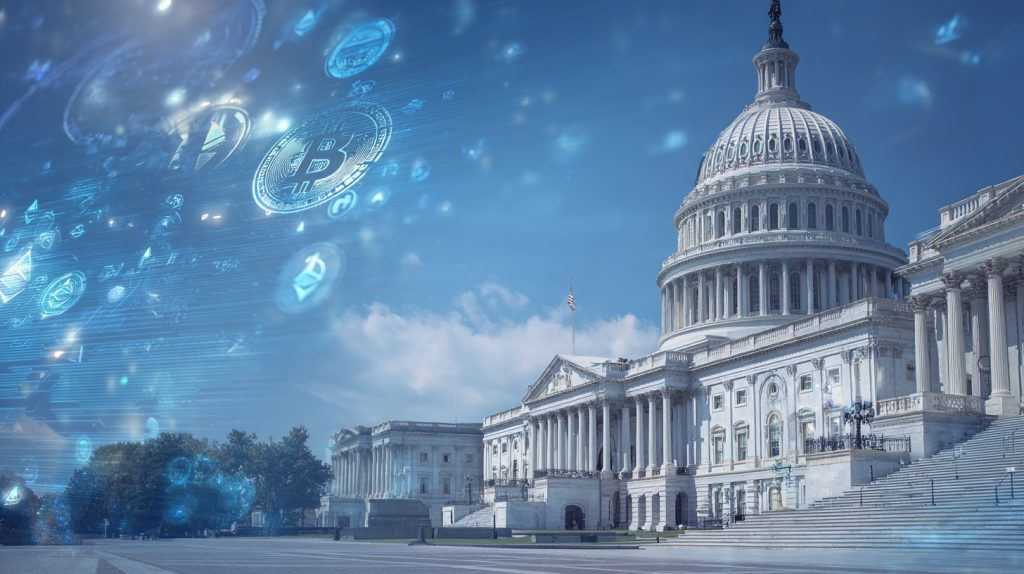 US crypto regulation bill Capitol building with digital currency symbols representing landmark cryptocurrency legislation