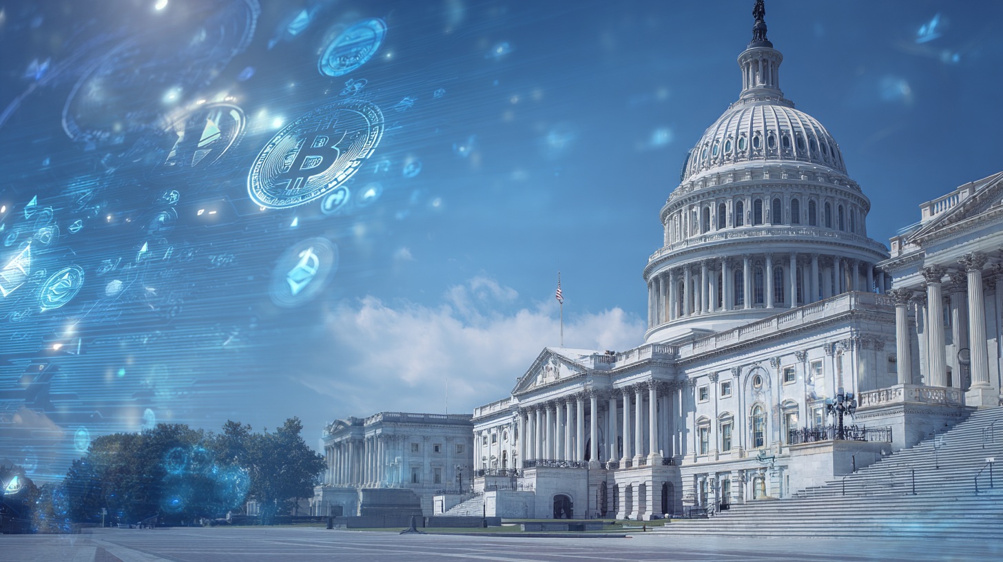 US crypto regulation bill Capitol building with digital currency symbols representing landmark cryptocurrency legislation