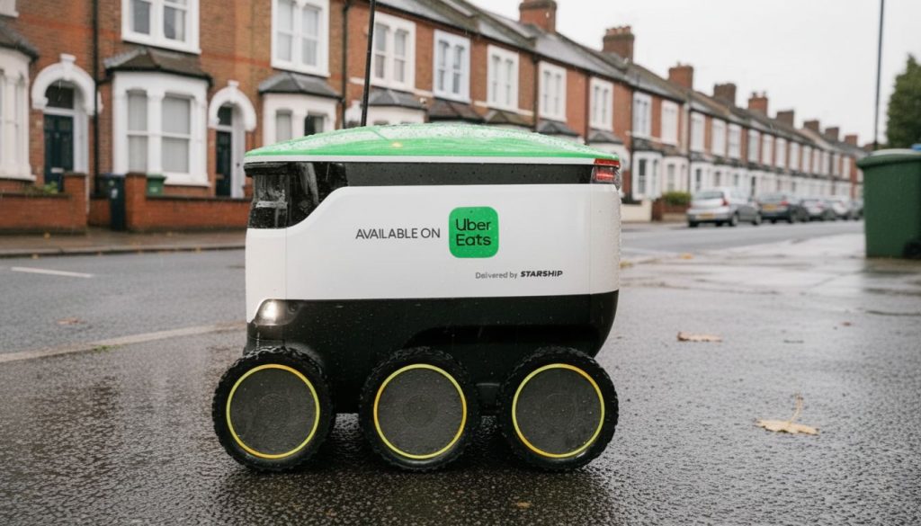 Uber Eats Starship robots UK delivering food along a British city sidewalk among pedestrians