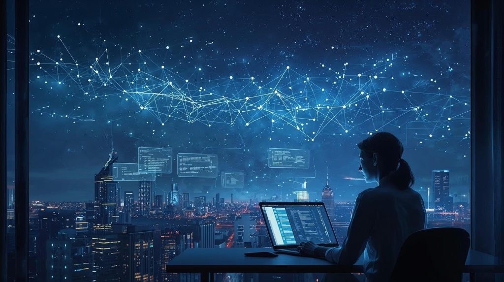 Surreal cityscape showing xAI Grok 4.1 as a glowing neural constellation above a person working at a laptop
