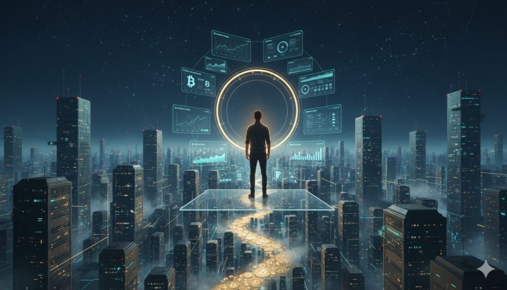 Futuristic artwork of a solo miner overlooking a digital city of Bitcoin Cloud Mining Apps and glowing server farms