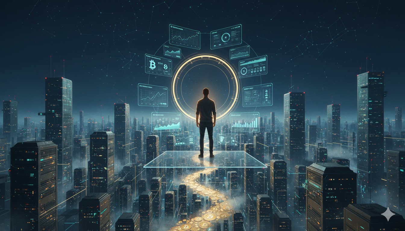 Futuristic artwork of a solo miner overlooking a digital city of Bitcoin Cloud Mining Apps and glowing server farms