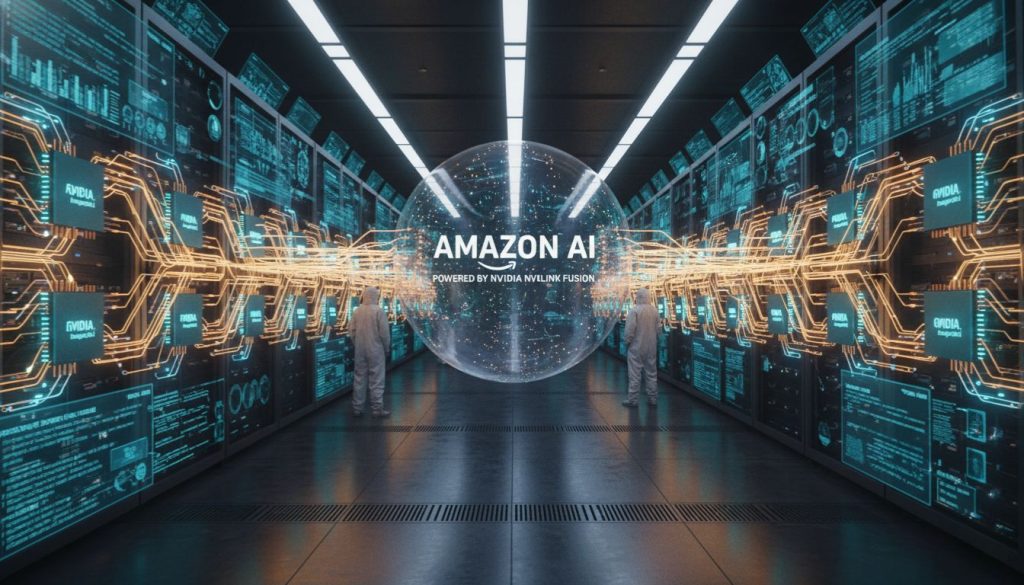 Amazon Nvidia AI Integration showcasing NVLink Fusion technology connecting advanced AI chips in a futuristic cloud data center