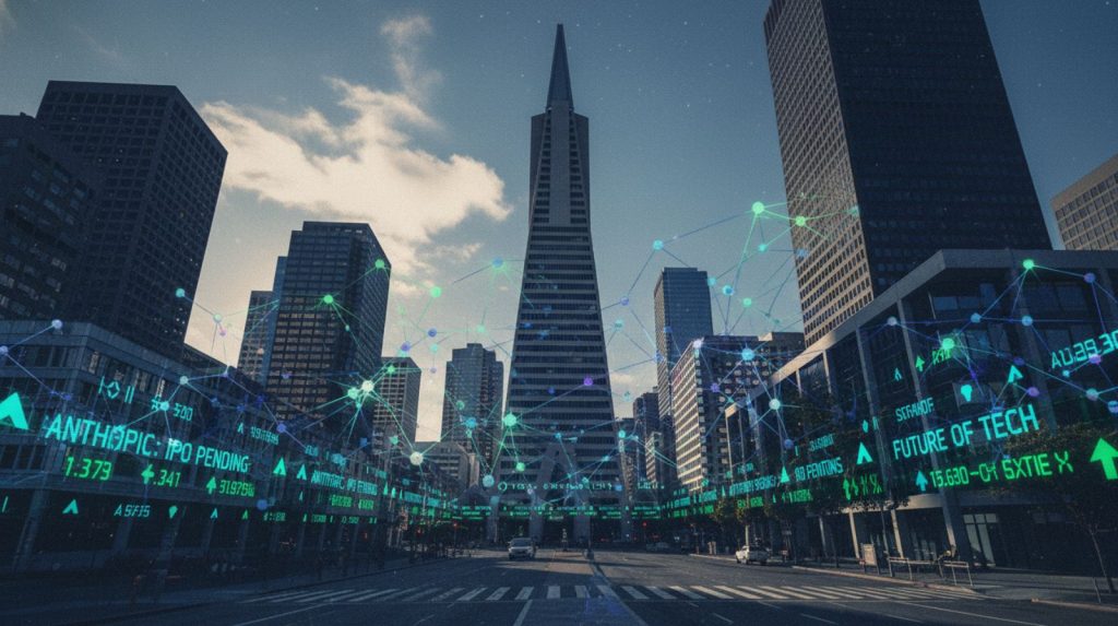 Anthropic IPO illustration showing San Francisco skyline, stock tickers and AI neural network graphics