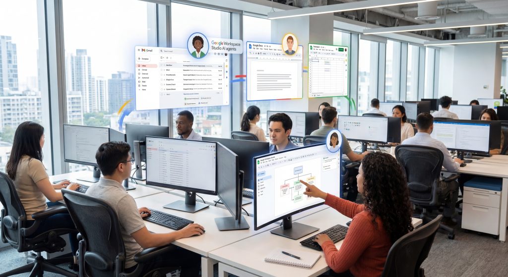Google Workspace Studio AI agents collaborating with office workers to automate everyday tasks