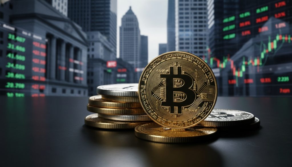 How Bitcoin fits into today’s financial system shown by Bitcoin coins in front of banks and stock market tickers