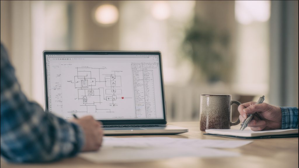 Hands collaborating on how to deploy AI in a mid size business using a simple workflow diagram on a laptop and paper.