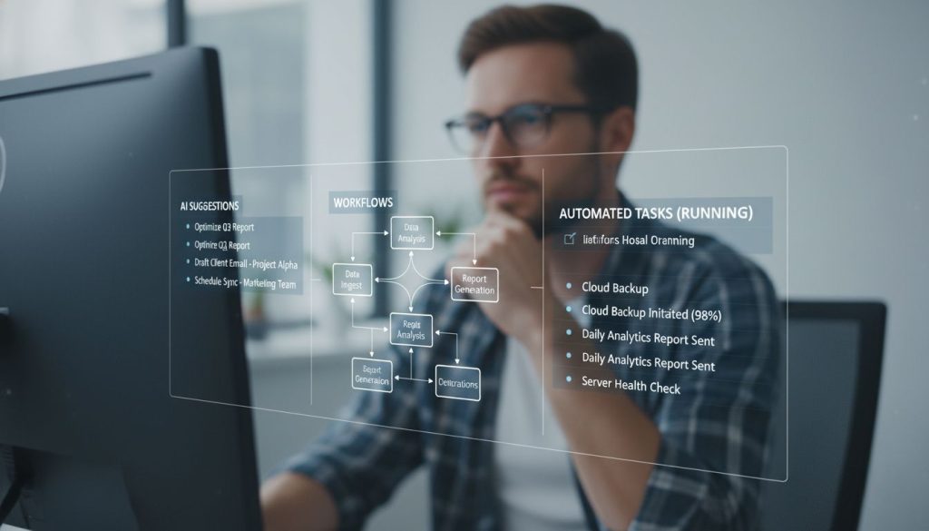 Human AI teams vs fully autonomous AI visualized by a worker using AI suggestions alongside automated task overlays.