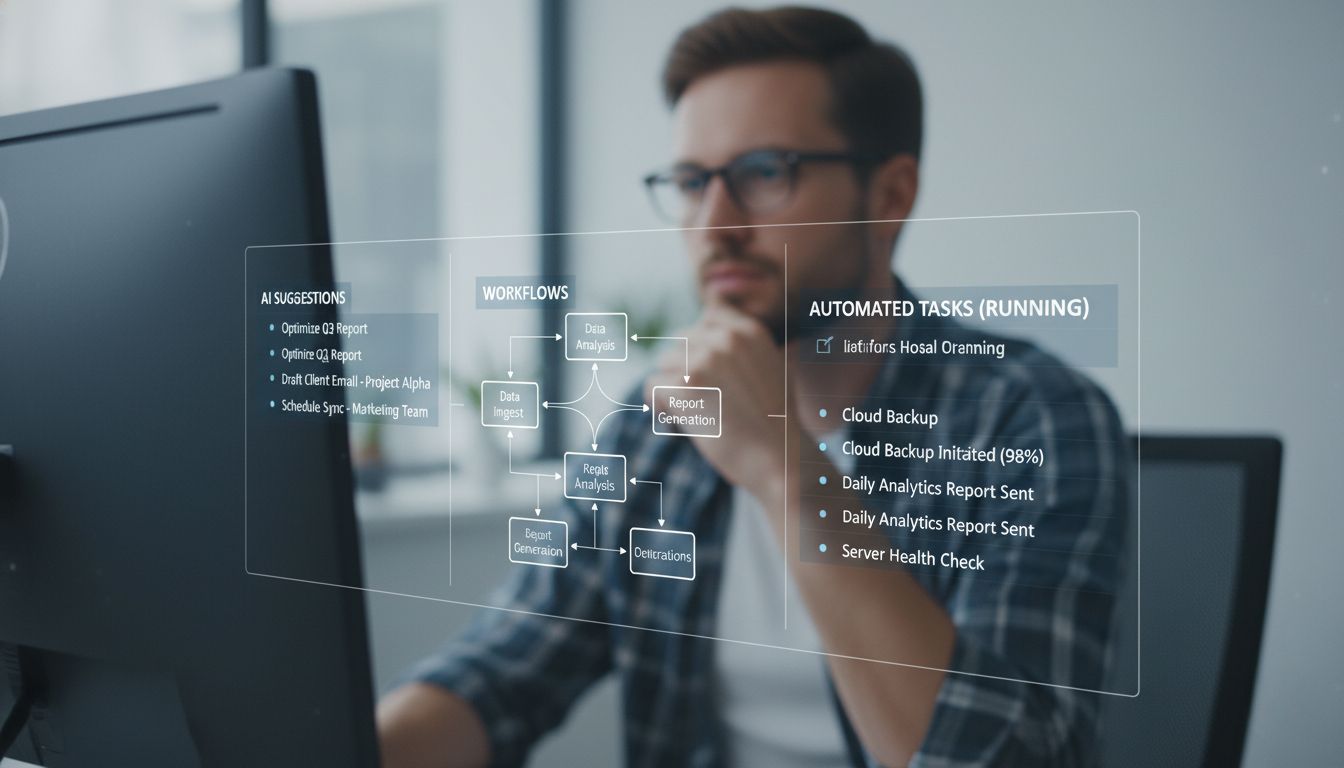 Human AI teams vs fully autonomous AI visualized by a worker using AI suggestions alongside automated task overlays.