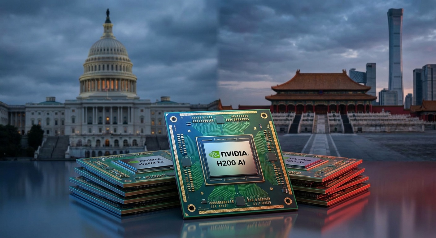 Nvidia H200 exports to China illustrated with AI chips between Washington and Beijing