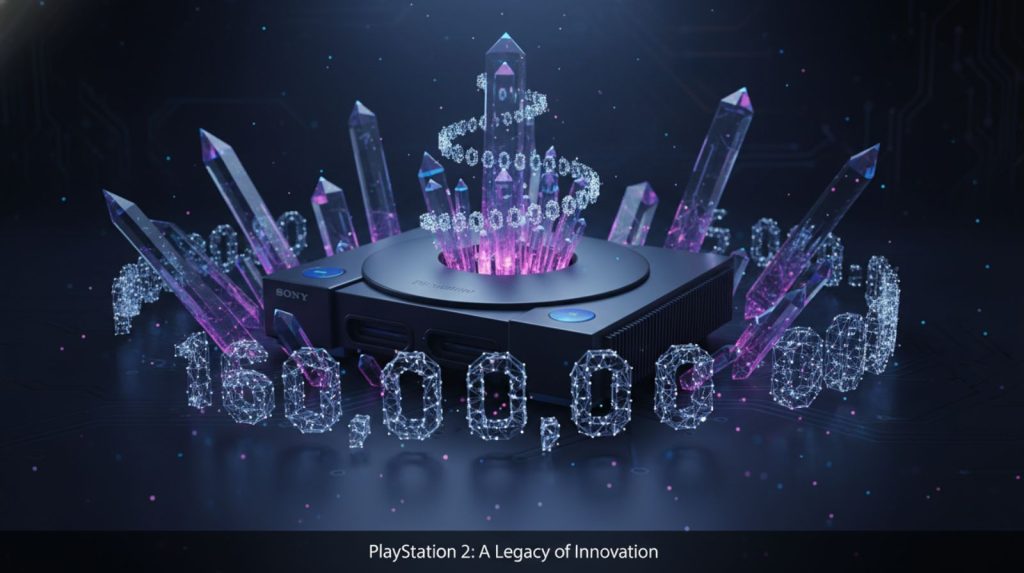 PlayStation 2 sales milestone with iconic console and controller celebrating 160 million units sold worldwide